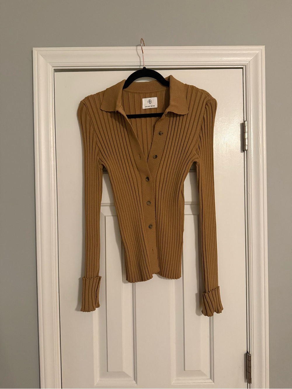 Anine Bing Ribbed Button-Front Cardigan in Camel Brown